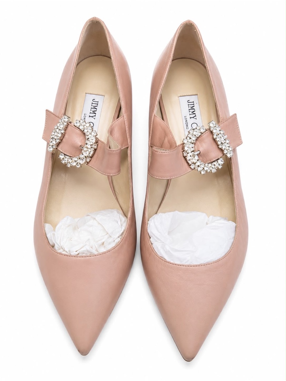 Jimmy Choo Blush Leather Pointed Toe Flats with Crystal Buckle